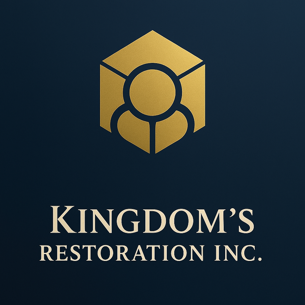Logo of Kingdom's Restoration Inc. with gold icon and text on dark background.